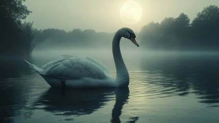 Fototapeta premium Majestic Swan on Misty Lake at Moonlight