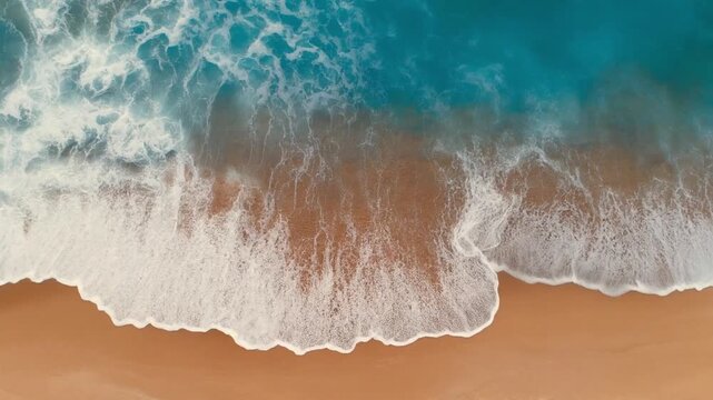 Aerial view of ocean waves washing over a sandy beach creating a textured and dynamic water and sand interaction