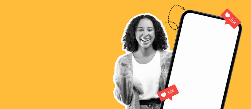 A bright yellow background highlights a cheerful young woman smiling while holding a smartphone. She appears excited about social media notifications, reflecting a vibrant digital culture. - Powered by Adobe