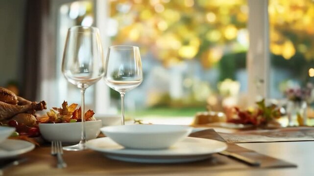 Roasted bird on dining table with festive setting and autumn background