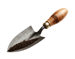 Small trowel, dark brown soil