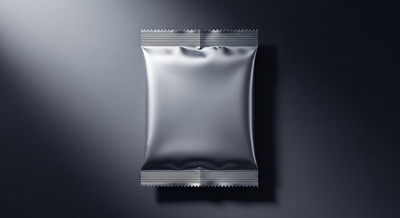 Versatile Blank Silver Foil Pouch Mockup on a Dark Background, Perfect for Product Branding and Design Display
