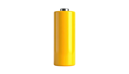 Glossy yellow cylindrical battery against a stark black background