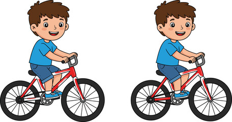 Cartoon boy riding bicycle, red bike, smiling child, blue outfit, white background, active lifestyle, cycling fun, kids transportation, healthy activity, playful illustration
