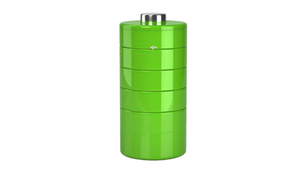 Bright green cylinder battery on black background, metallic tops
