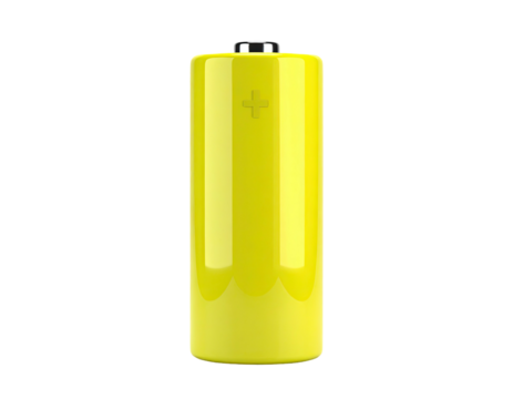 Yellow cylinder battery, a plus sign marked on the center