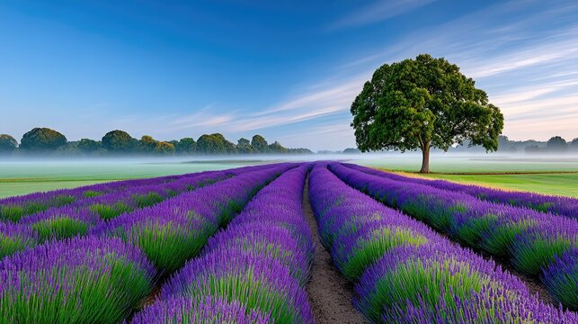Vibrant Purple Lavender Field With A Solitary Green Tree Under A Misty Blue Sky At Sunrise Creating A Peaceful Rural Landscape - Powered by Adobe