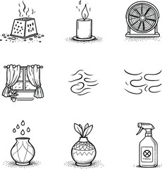 Collection of drawings showing various household items and abstract representations of air movement