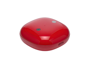 Glossy red, rounded, trapezoidal device, buttons on top