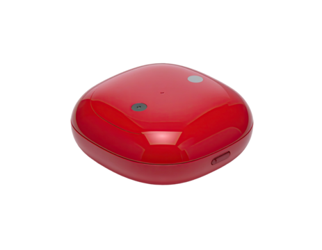 Glossy red, rounded, trapezoidal device, buttons on top