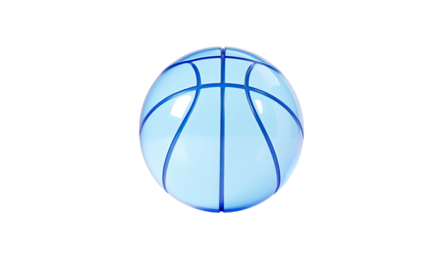 Light blue basketball floats against dark background