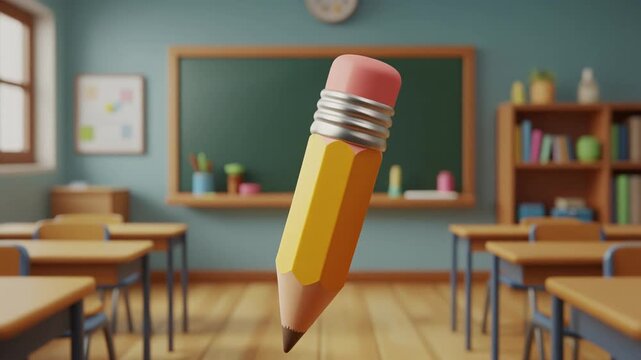 Floating Pencil in Classroom Setting with Desks and Blackboard Background