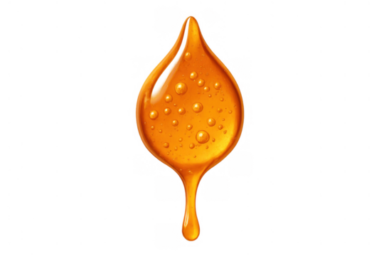 Honey drop with air bubbles, golden viscous syrup dripping slowly, sweet liquid texture on transparent background