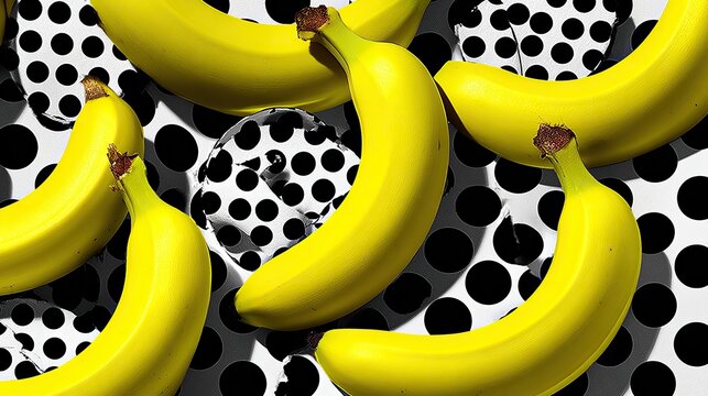Bananas on polka dot backdrop, bright, sunny, vibrant food