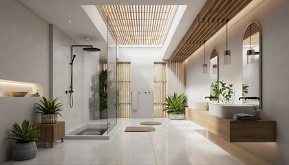 Elegant modern bathroom design with double sinks and a large skylight