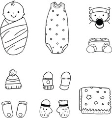 A collection of baby items in a doodle style illustration on a white isolated background view from above