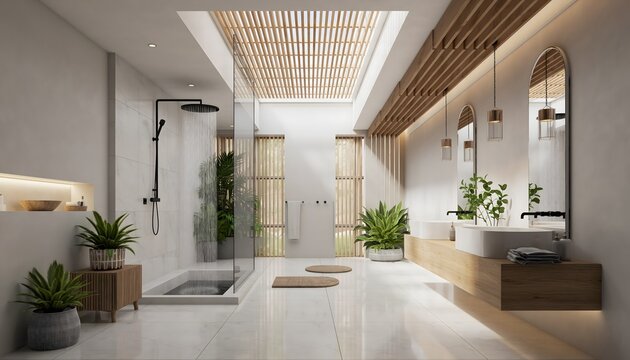 Elegant modern bathroom design with double sinks and a large skylight