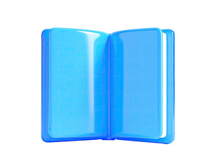 Gleaming, open, baby blue book in 3D against black