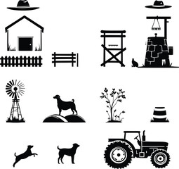 A collection of farm related objects in black silhouette including animals and farm equipment items