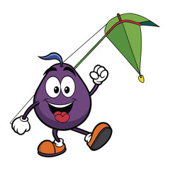 Cartoon Plum Character Flying Kite Vector Illustration With Smiling Face