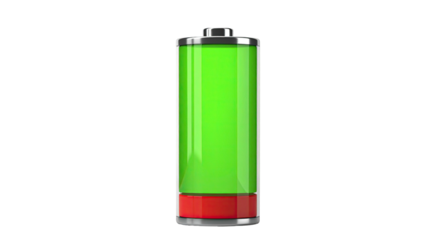 Green battery icon charging, red base, dark background