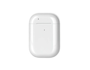 White, glossy, compact charging case, sleek and rounded design
