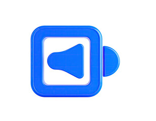 Blue, 3D square icon with speaker volume symbol, with side handle