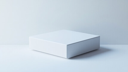 Fototapeta premium White square box podium on clean white surface with soft shadows, minimalistic design perfect for product display or presentation in bright studio setting