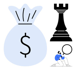 Large money bag, chess piece symbolizing strategy, person with magnifying glass analyzing. Ideal for finance, strategy, success, business planning, problem-solving growth research. Simple flat
