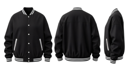 Black Varsity Bomber Jacket Front Back Side Isolated White Background Mockup Template Baseball Clothing