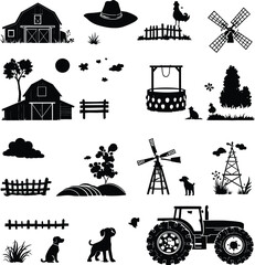 A collection of farm related objects and animals in silhouette style on a white background