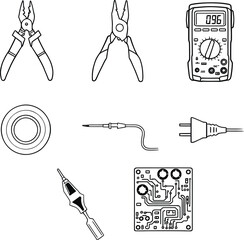 Line art illustration of electrical tools including pliers multimeter and soldering iron on white background
