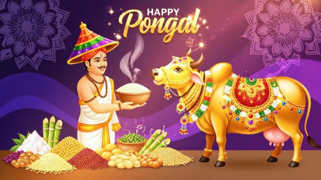 A vibrant Animation 4k depiction of a traditional Indian farmer celebrating the Pongal harvest festival with a sacred decorated cow and offerings