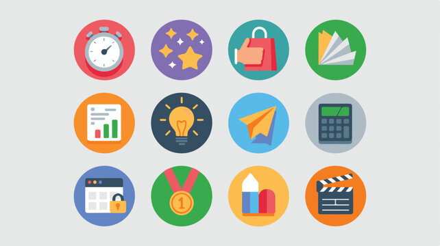 Collection of twelve circular flat design icons representing business and creative concepts stopwatch