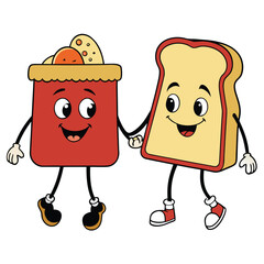 Cartoon Peanut Butter and Jelly Toast Characters Holding Hands Walking