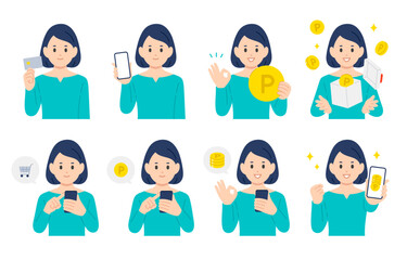 クレジットカードやスマホで買い物をする･ポイントを貯める若い女性のセット【人物ベクターイラスト素材】