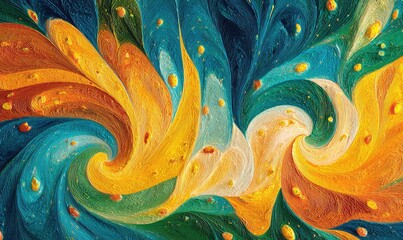 Swirling, bright oil painting with vibrant, abstract forms