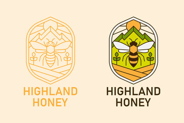 Monoline logo a minimalist highland honey logo features a bee mountains and sun design