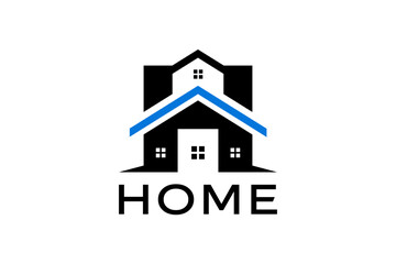 Modern Minimalist Home Logo Design with Blue Roof and Black Silhouette.