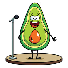 Funny avocado cartoon character singing karaoke on stage with microphone stand