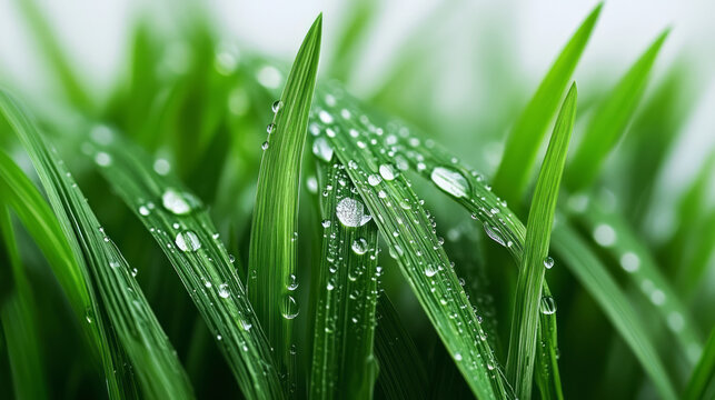 Fresh dewdrops on green grass in the early morning