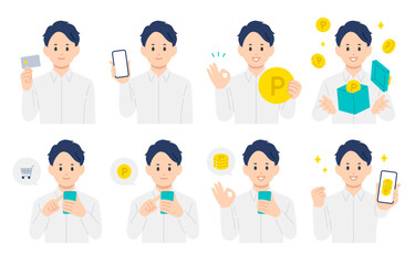 クレジットカードやスマホで買い物をする･ポイントを貯める若い男性のセット【人物ベクターイラスト素材】
