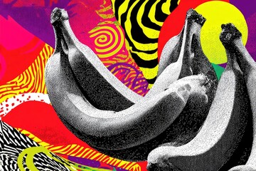 Gray bananas clash with colorful abstract animal prints