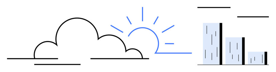 Minimalist city skyline with modern buildings and cloud, rising sun rays symbolizing optimism. Ideal for technology, environment, urban planning, energy, growth, collaboration opportunity. Simple