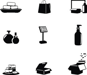 A collection of six black and white icons featuring soaps bottles boxes and a shopping bag isolated