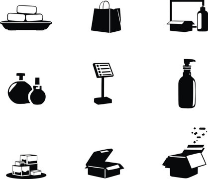 A collection of six black and white icons featuring soaps bottles boxes and a shopping bag isolated - Powered by Adobe