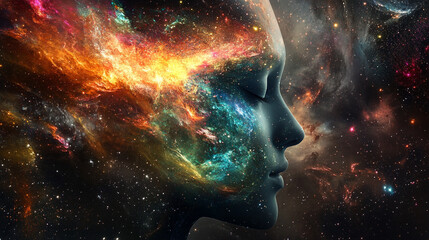 Mind projecting its own colorful universe with vibrant swirling patterns cosmic energy and abstract forms symbolizing imagination creativity thought exploration and limitless potential