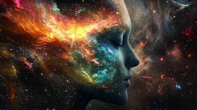 Mind projecting its own colorful universe with vibrant swirling patterns cosmic energy and abstract forms symbolizing imagination creativity thought exploration and limitless potential