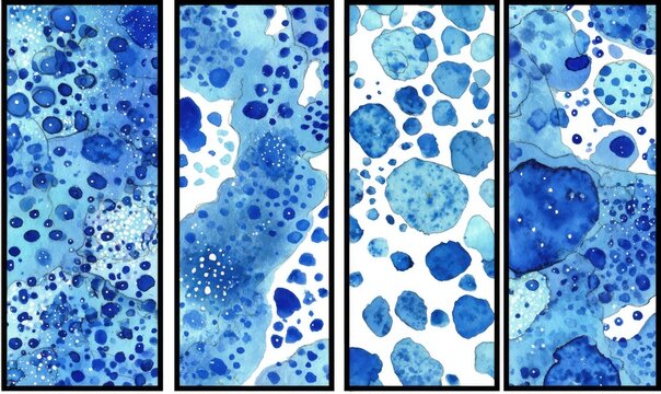 Abstract watercolor, blue organic shapes in four vertical panels