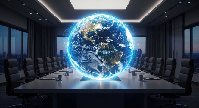 Holographic earth floating above conference table in modern boardroom